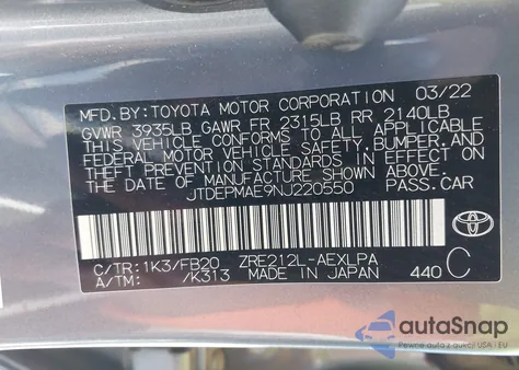 2022 Toyota Corolla Le из США, поврежденный, VIN JTDEPMAE9NJ220550